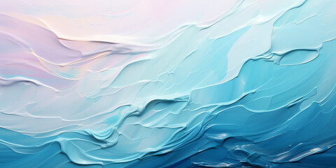 Obraz premium Calm water underwater blurry texture blue background for copy space text. Abstract ocean wave brushstrokes art for spring Easter, Mother’s Day travel. Pastel impasto romantic paint banner