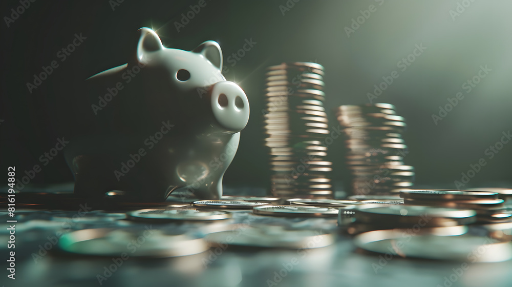 Poster a sad piggy bank behind stacks of euro coins symbolizing the fall of monetary assets white moneybox 