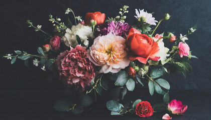 Vintage florals. Garden flowers on black background. Floral bunch, set for interior. Home decoration