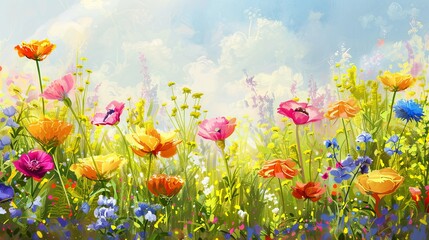 Obraz premium Colorful flowers in full bloom cover a meadow in this vibrant painting. Generative AI