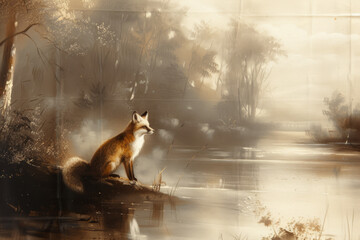 Vintage Fox at Lake: Muted Oil Painting