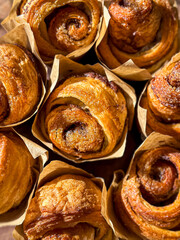 Cinnamon swirl or roll background. Freshly backed cinnamon buns. Full frame.