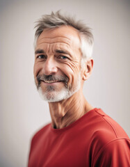 Obraz premium Portrait of a smiling middle age man with red tshirt standing against white background 