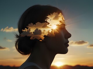 Psychology and woman mental health concept. Multiple exposure clouds and sun on female head silhouette.