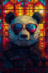 A panda bear wearing sunglasses and a hat