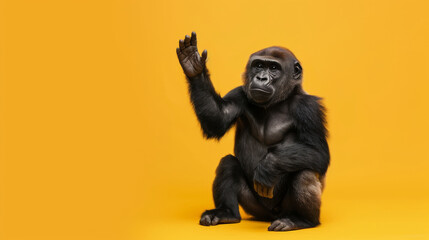 Thoughtful Gorilla Seated and Raising a Hand, Looking Pensive on a Solid Yellow Background. Funny animal for banner, flyer, poster, card with copy space