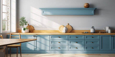 White kitchen interior with blue cabinets
