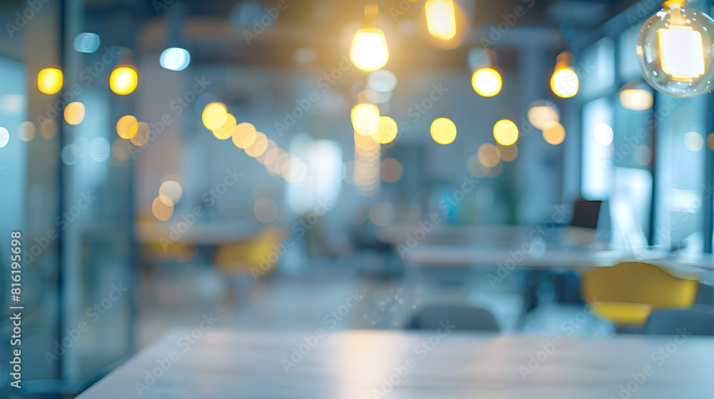 Poster Modern business office without people with blurred bokeh background tables chairs computers copy space High quality photo : Generative AI