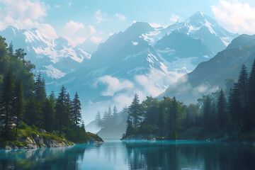 Naklejka premium Serene mountains adorned with lush green trees, a tranquil scene amidst nature's grandeur