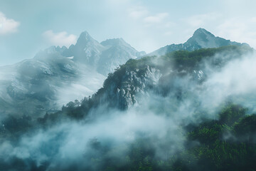 Majestic mountains shrouded in swirling fog, creating an enchanting and mysterious atmosphere