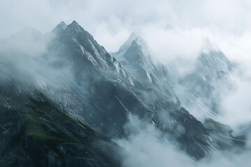 Obraz premium Majestic mountains shrouded in swirling fog, creating an enchanting and mysterious atmosphere