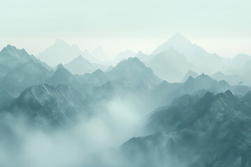 Majestic mountains shrouded in swirling fog, creating an enchanting and mysterious atmosphere