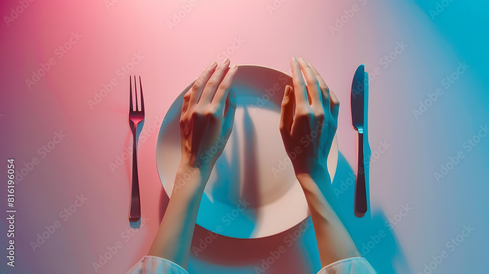 Poster female hands with cutlery and empty plate on color background : generative ai