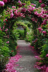 Fototapeta premium Landscaping Garden. Stunning Garden Pathway with Floral Arches and Pink Rose Foliage