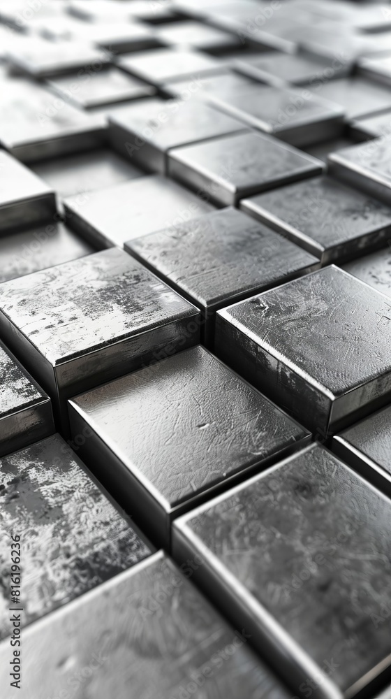 Poster a close up of a silver metal surface with many small squares. the squares are all different sizes an