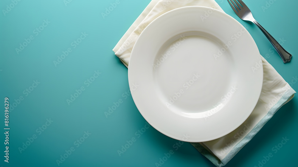 Fototapete Top view on colored background empty round white plate on tablecloth for food Empty dish on napkin with space for your design : Generative AI
