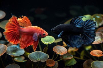 Fototapeta premium Siamese Fighting Fish (Betta splendens) in aggressive postures, capturing dynamic movement. 