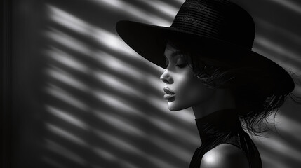 fashion photography, smooth black and white style, of young caucasian woman wearing black hat, looking sideways, aesthetic cast shadows