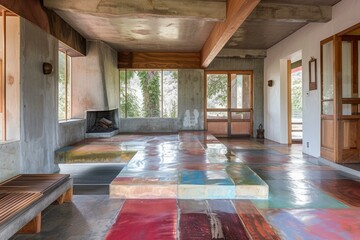 Fototapeta premium Spacious room boasting a vibrant colored floor, fireplace, and minimalist decor in a contemporary home