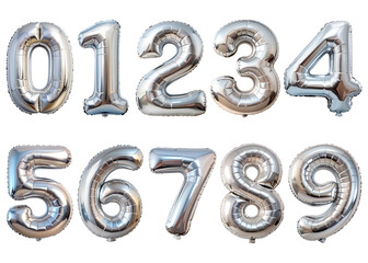 Set of metallic silver balloon numbers set, isolated on transparent background