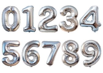 Set of metallic silver balloon numbers set, isolated on transparent background
