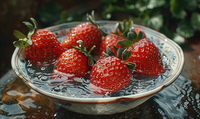 Close-up of four Strawberries in a bowl of water - Powered by Adobe
