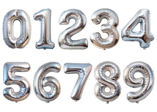 Set of metallic silver balloon numbers set, isolated on transparent background