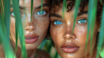 Obraz premium close-up fashion commercial photography of young beautiful sun-kissed women with blue eyes in nature, green environmental beauty campaign