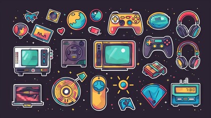 Hippie retro stickers, 90s game style and web frames. Funny cartoon joystick, dvd disk, film, old computer, vintage set of vector elements in groovy style.