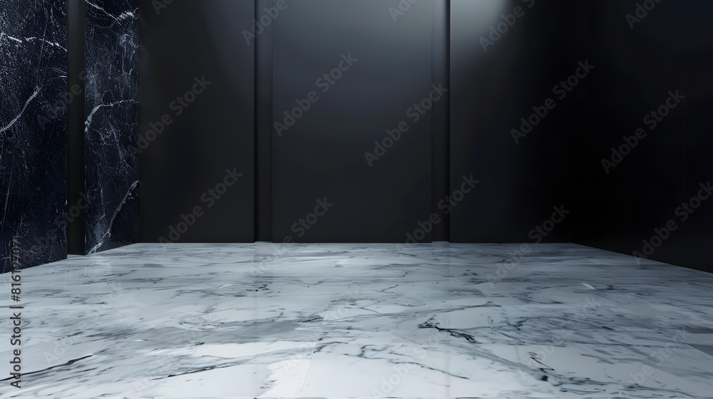 Poster empty dark abstract room of white marble flooring with for interior decoration used as studio backgr