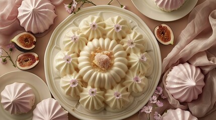   A white plate holds a frosted cake with sliced figs and nearby blooms