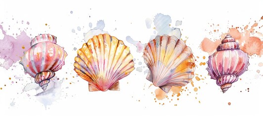 Vibrant Watercolor Painting of Colorful Seashells on White Background