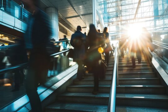 blured business people walking up and down stair outside office in fast movement 