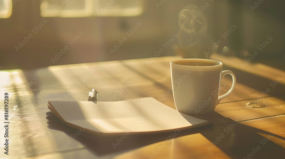 Aufkleber blank notepad with hot coffee on office table : generative ai