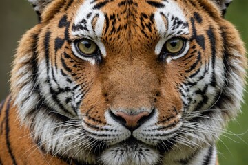 Fototapeta premium Close up of the face of an Amur Tiger Panthera tigris altaica, also called a Siberian tiger, with detail of the fur markings and eyes Omaha, Nebraska, United States of America