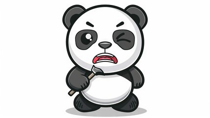   Black and white panda bear holding stick with frown on face