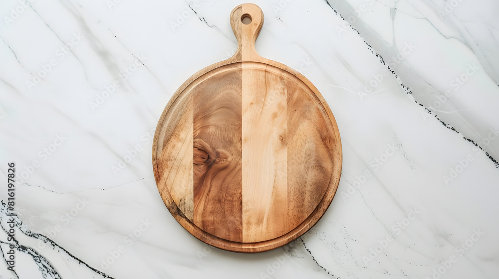 Leinwandbilder round empty wooden charcuterie serving board with handle on a white or gray marble table top view ki