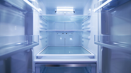 Fototapeta premium An empty refrigerator Inside an empty clean refrigerator a refrigerator compartment after defrosting shot with a wide angle lens : Generative AI