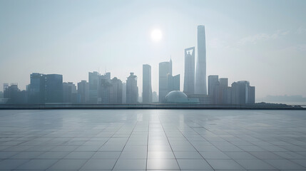 Obraz premium Empty square floor and city skyline with modern commercial buildings in Hangzhou China : Generative AI