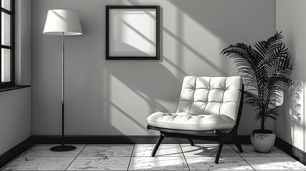 Illustration of black and white interior design: armchair, floor lamp, window.