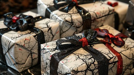 There are four wrapped gifts. The boxes are white with a black crackle pattern and have black and...