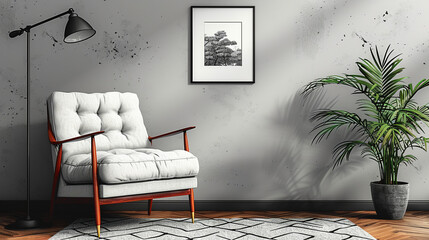 Illustration of black and white interior design: armchair, floor lamp, window.