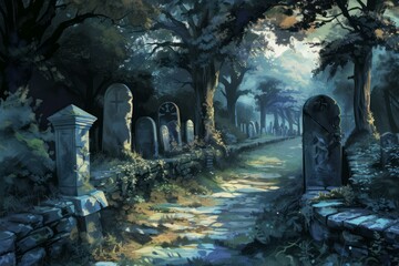 Fototapeta premium Mystical digital painting of a serene cemetery path shaded by ancient trees at dusk