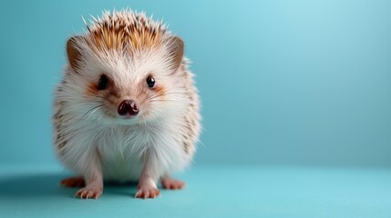   A detailed image of a tiny rodent against a blue backdrop, featuring a hazy expression on its face