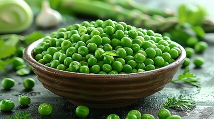   Green peas fill a bowl perched atop the table, adjacent to piles of lettuce and cucumber