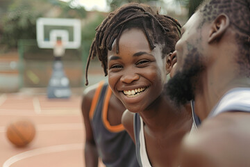 Outdoors Activity. African couple girl dribbling while guy defensing backdoor on basketball court smiling happy