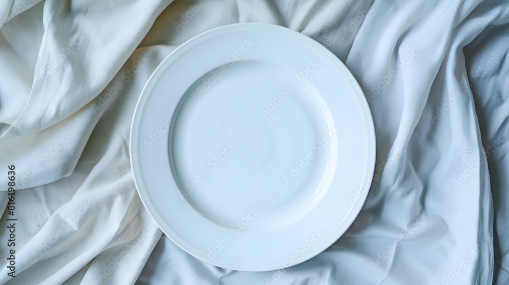 Leinwandbilder top view on colored background empty round white plate on tablecloth for food empty dish on napkin w