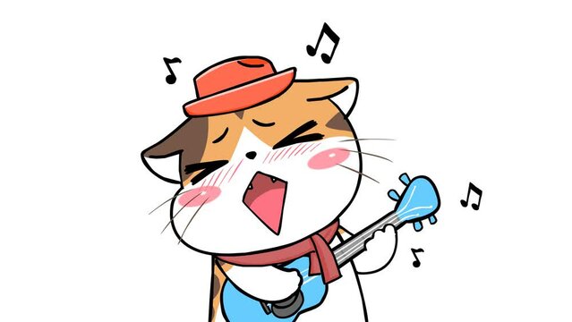Singing Kitten with Guitar Animation - White Background