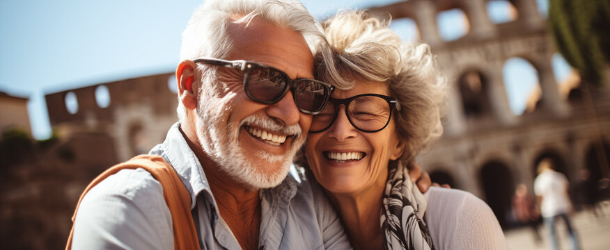 Feliz pareja de turistas ancianos haci&eacute;ndose fotos selfie para su blog de viajes en Roma con el Coliseo romano de fondo.Trevi de fondo.Viajes y aventuras por Italia.