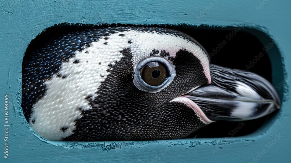 Wall mural   A close-up of a black-and-white bird perched on a blue-walled building's side, peering through a hole